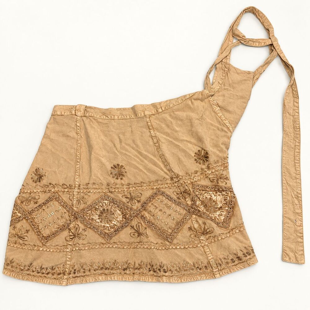 Shore Line One Size Tan Embroidered Rayon Wrap Skirt Boho Tie Waist India